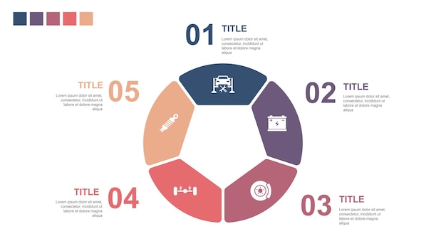 Auto service batterij schijfrem schorsing schokdemper pictogrammen Infographic lay-out ontwerpsjabloon Creatief presentatieconcept met 5 stappen