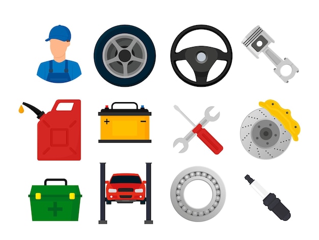 Auto-service en -reparatie Vector-illustratie-iconen in platte stijl