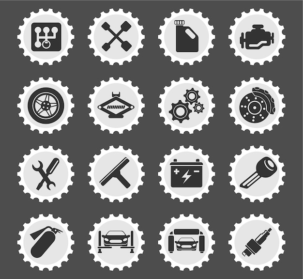 Auto Service icons on stylized round postage stamps