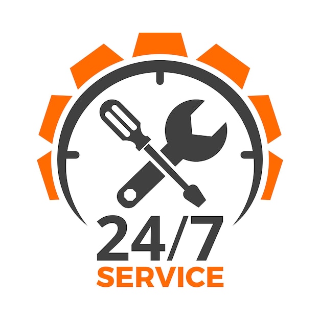 Auto service logo ontwerpsjabloon met 24 uur, versnelling, schroevendraaier en moersleutel. reparatie, onderhoud, assistentie, onderdelenservice. geïsoleerde vectorillustratie