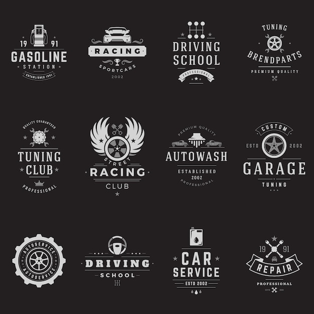 Auto service logo's sjablonen set vectorobjecten en pictogrammen voor garage labels auto badges reparaties logo's ontwerp emblemen graphics whel silhouetten zuiger symbolen