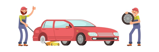 auto service mechanics change wheels on car seasonal vehicle inspection isolated flat mechanic in uniform vector characters
