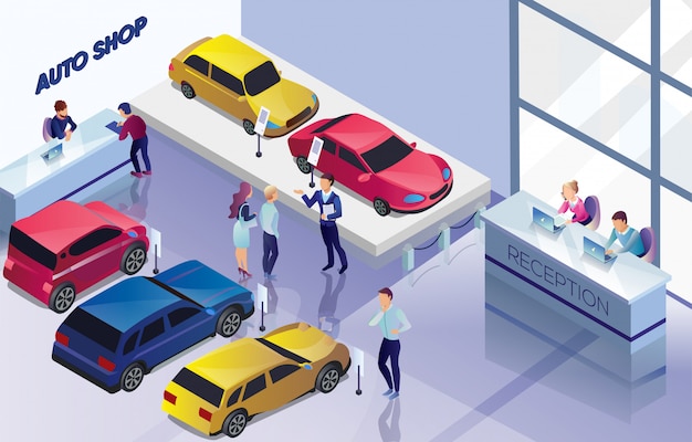 auto shop with cars for selling, buyers banner.