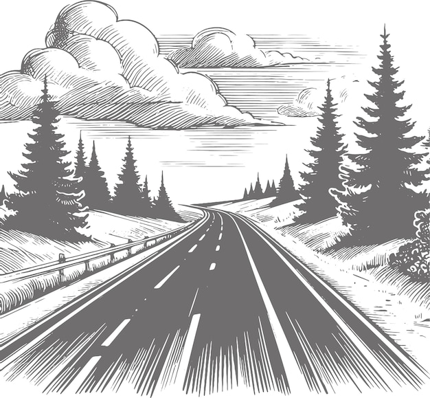 auto snelweg die door een naaldbos naar de horizon in een vector monochrome tekening