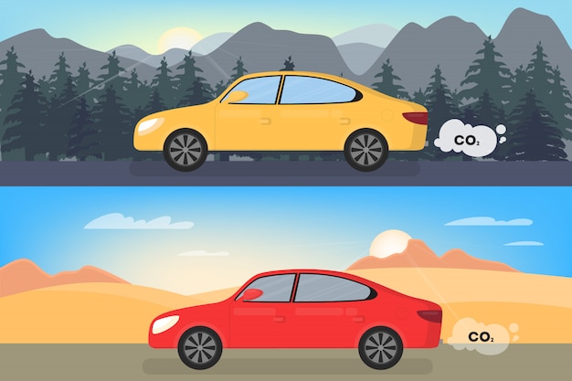 Auto stoot kooldioxide uit. luchtverontreiniging met co2. giftige rook en ecologie gevaar concept. auto rijden op de weg. illustratie in cartoon-stijl