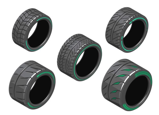 Auto tire in isometry Set of car tires with different treads Different 3d auto tire Auto tire icons