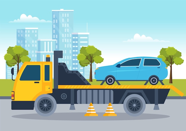 Auto Towing Car Using a Truck with Roadside Assistance Service in Hand Drawn Background Illustration