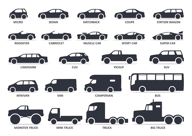 Auto type pictogrammen instellen Vector zwart pictogram geïsoleerd Varianten van model auto lichaam silhouette