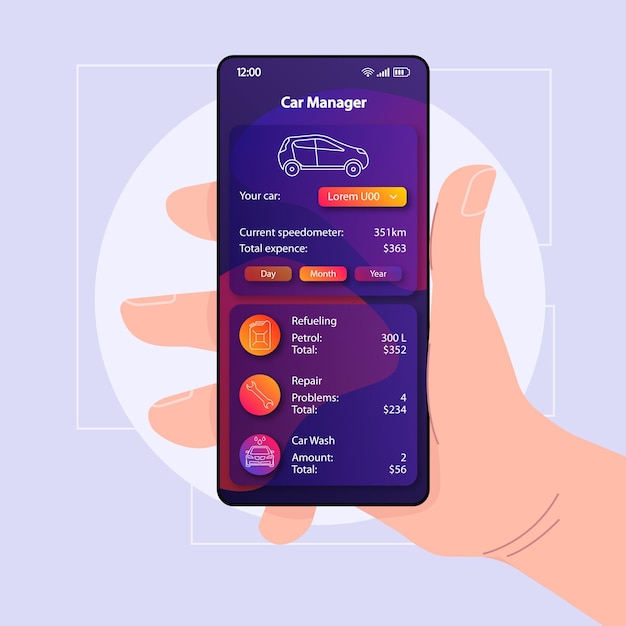 Auto uitgaven controle smartphone interface vector sjabloon Mobiele app pagina kleur ontwerp lay-out Transport uitgaven scherm Flat UI voor toepassing Hand met telefoon met brandstof tentoongesteld