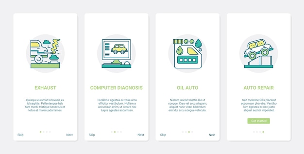 Auto voertuig garage lijn reparatie service ux ui onboarding mobiele app pagina scherm set