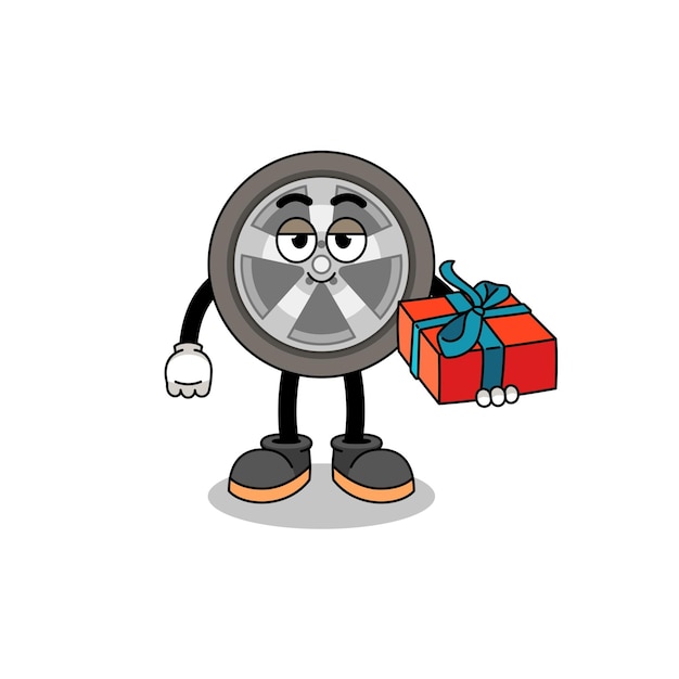 Auto wiel mascotte illustratie geven van een geschenk