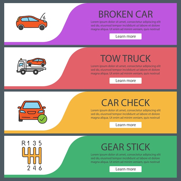 Auto workshop web banner templates set. Broken car, tow truck, automobile check, gear stick. Website color menu items. Vector headers design concepts