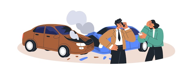 Autochauffeurs roepen na een botsing om hulp bezorgde mensen staan bij twee auto's die zijn beschadigd bij een verkeersongeluk transportvoertuigen noodgevallen Platte vector illustratie geïsoleerd op witte achtergrond