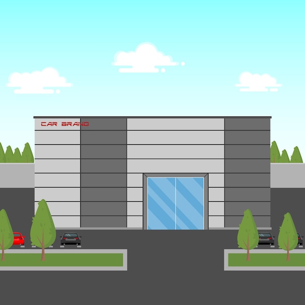 Vector autodealer showroom gevel platte ontwerp illustratie