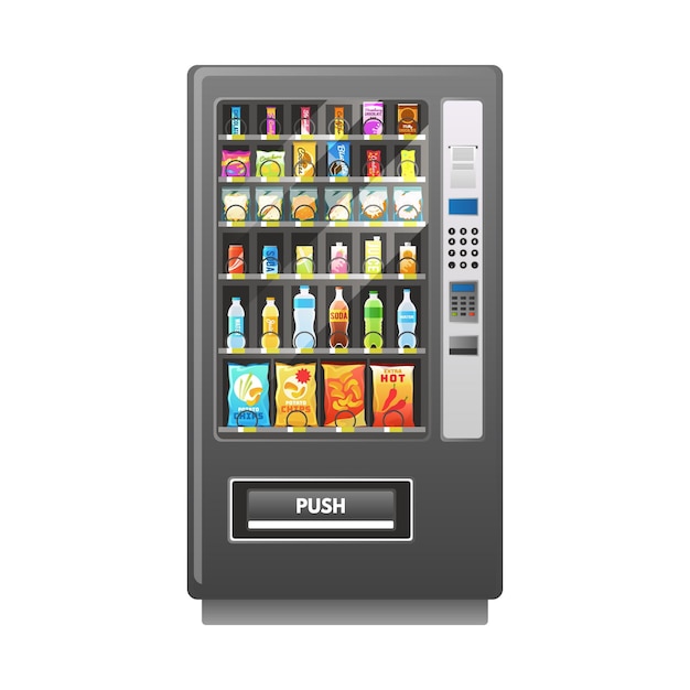 Automaat Retailmechanisme Automatische voedselverkoop Drankjes en snacks kopen Aankopen doen in verkoopapparatuur Vierkant apparaatmodel met paneel en knoppen Vectorillustratie