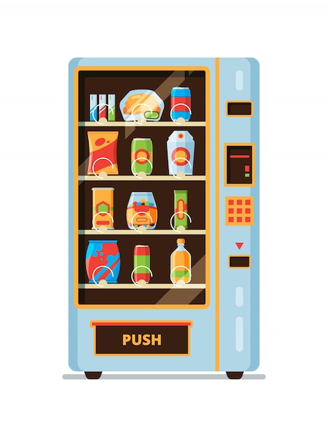 Automaat. snack crackers junkfood frisdrank dranken schommelen in automaat cartoon collectie