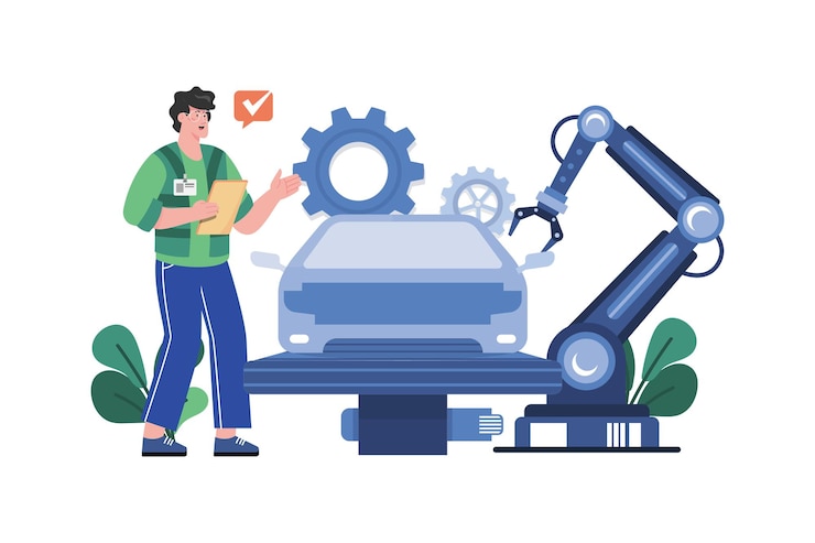 Vector automated car production illustration concept on white background