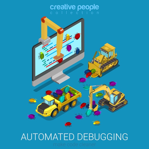 Automated debugging process flat isometric code development programming