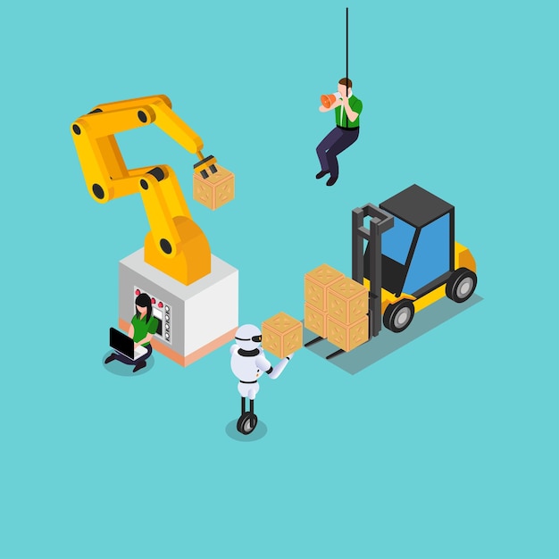 Automated factory warehouse with robots and AI service 3d isometric