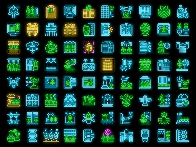 Automated farming icons set vector neon