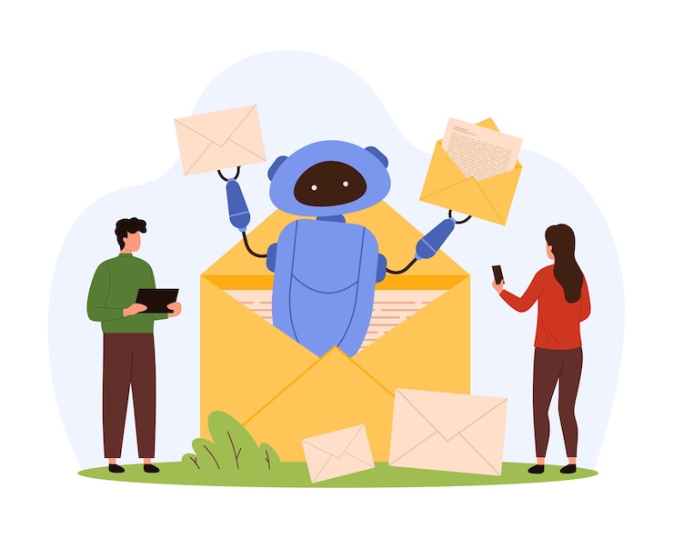 Vector automated mail service with ai digital helpdesk support of robot from open envelope