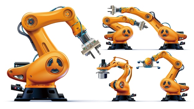 Вектор Автоматизированные оранжевые роботизированные руки или промышленный 3d-манипулятор позиционирования изолированы на белом фоне