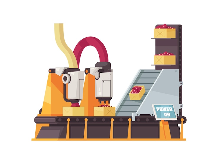 Vector automated plant machinery filling boxes on conveyor flat