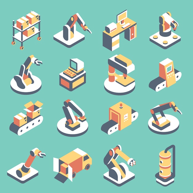 Vector automated production line flat isometric icon set