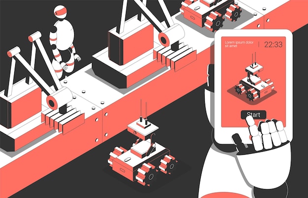 Automated robotic industrial manufacturing   assembly line with humanoid worker and  remote control robot isometric composition