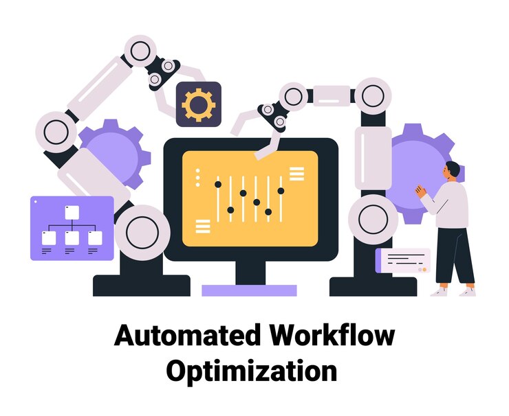 Vector automated workflow optimization robotic arms technology concept person interacting with computer
