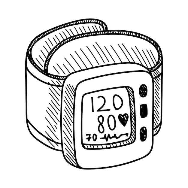 ベクトルの白い背景の手にある自動血圧計