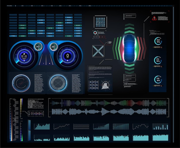 Il sistema di frenatura automatico evita l'incidente stradale da incidente stradale interfaccia utente futuristica. interfaccia utente dell'interfaccia. interfaccia utente touch grafica virtuale astratta. servizio auto, design moderno hud, vector