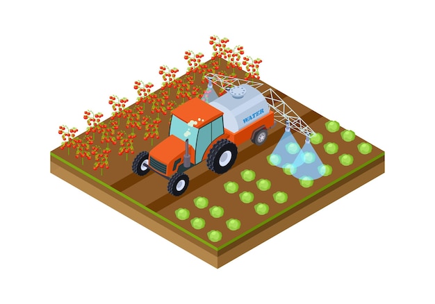 Irrigazione automatica delle colture. macchina per innaffiare pomodori e cavoli. posizione della piantagione isometrica, illustrazione vettoriale dell'orto. coltivazione agricola isometrica, illustrazione organica