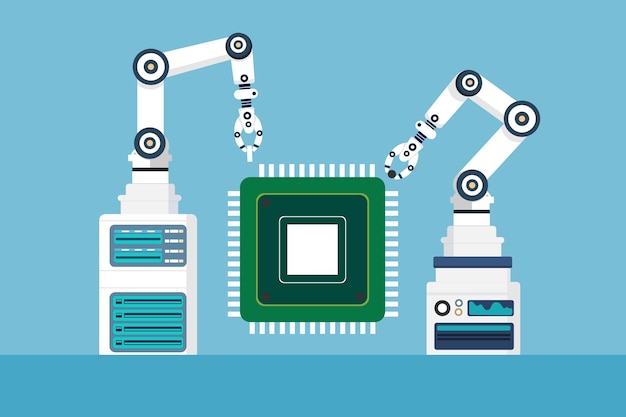 Vettore il braccio automatico del robot produce un processore, un set di microchip e manipolatori di robot industriali ai.