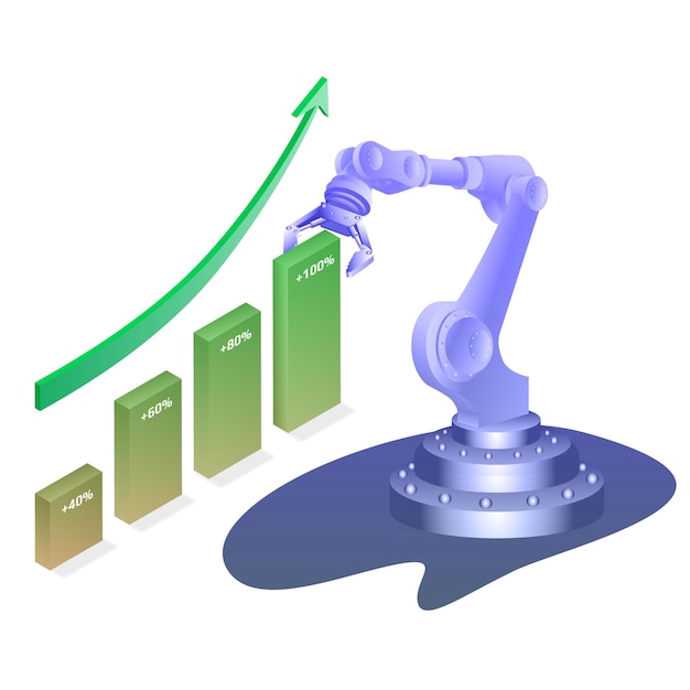 Robot di trading automatico concetto isometrico con grafico e freccia verso l'alto isolato su illustrazione vettoriale bianca