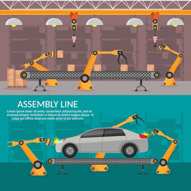 Vector automation abstract robotic assembly line car set flat isolated  illustration