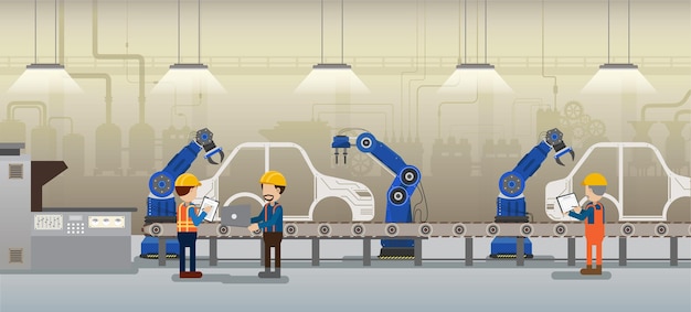 Automation automobile factory concept with robot assembly line in car factory vector illustration