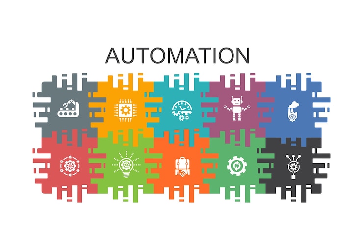 Vector automation cartoon template with flat elements. contains such icons as productivity, technology, process, algorithm