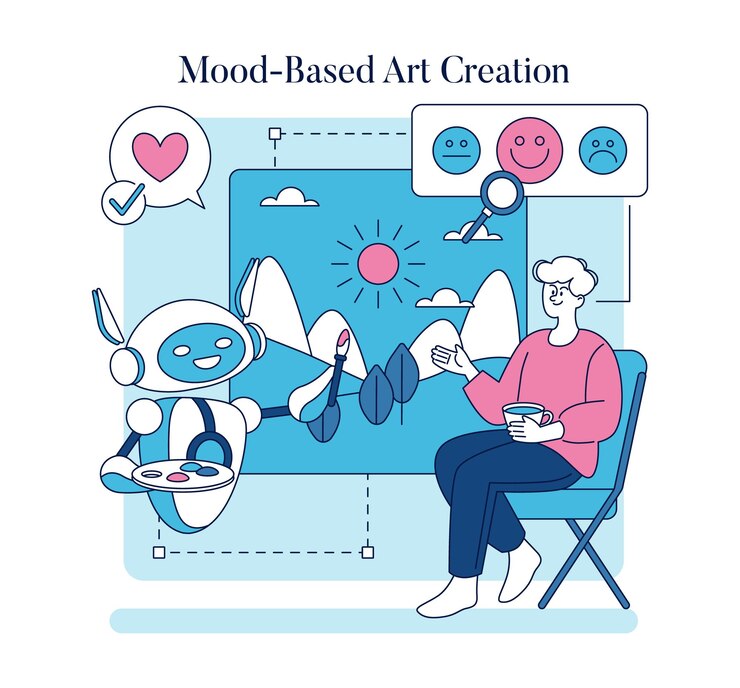 Vector automation in creativity concept a person sitting with coffee as a robot paints a landscape with