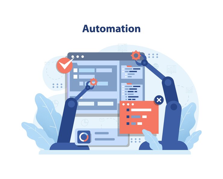 Vector automation in digital business mechanical arms streamline complex tasks symbolizing efficiency and