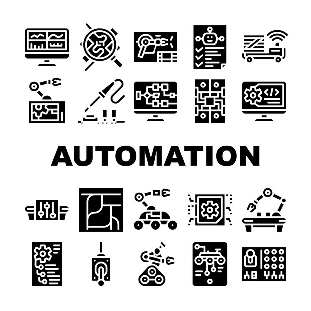 Set di icone della raccolta dell'ingegnere dell'automazione vector iron solder saldatura microcircuito elettronico e telecomando robot e pittogrammi del glifo dell'ingegnere rover illustrazioni nere