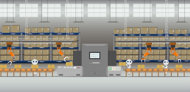 Concetto di fabbrica di automazione con illustrazione vettoriale di design piatto di lavoro robot