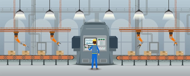 automation factory concept with robot working flat design vector illustration