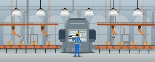 Vector automation factory concept with robot working flat design vector illustration