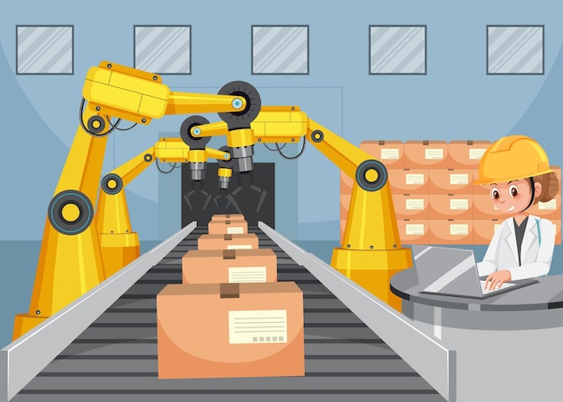 Automation industry concept with assembly line robots