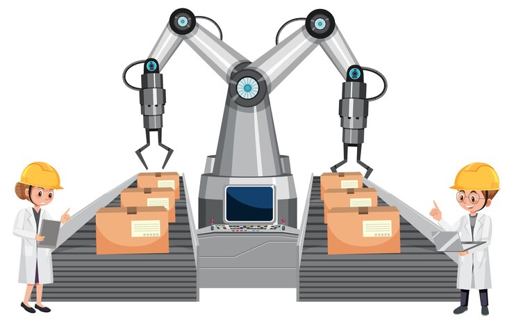 Vector automation industry concept with assembly line robots