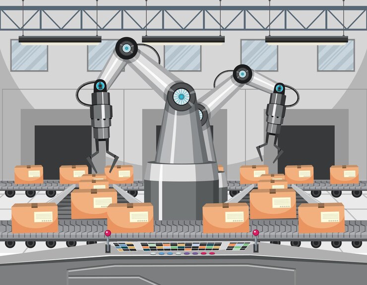 Vector automation industry concept with assembly line robots