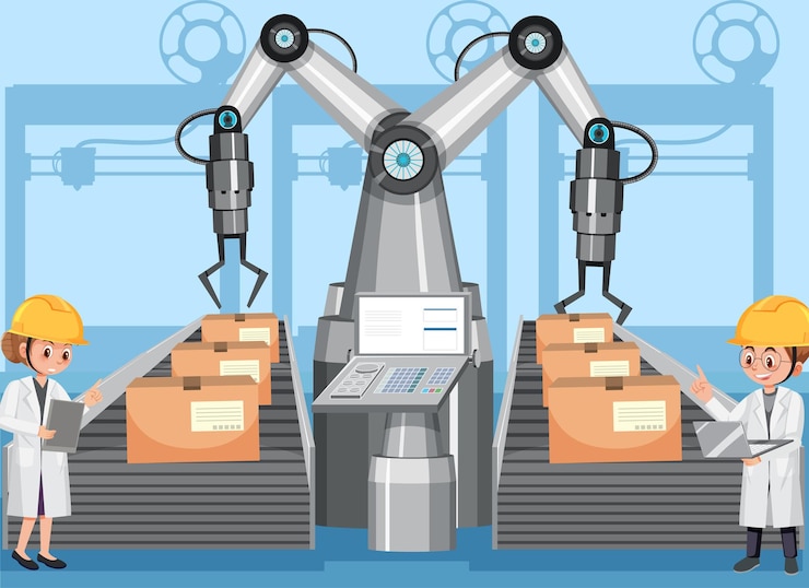 Vector automation industry concept with assembly line robots
