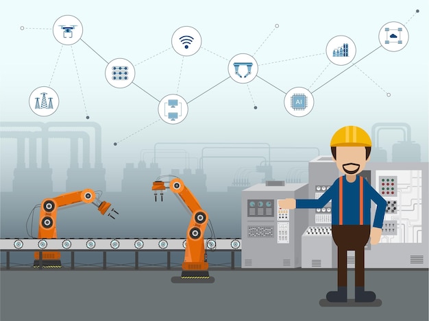 automation industry concept with robots and workers flat design vector illustration