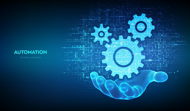 แนวคิดซอฟต์แวร์ระบบอัตโนมัติและ IOT ไอคอนเฟืองที่สร้างด้วยรหัสไบนารีในมือแบบโครงร่าง